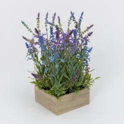 Artificial Lavendar Arragement In Square Wood Pot - 14in