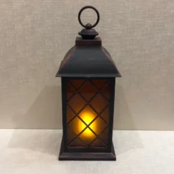 Battery Operated Lantern - Built-In Moving Flame - Black/Copper - 13in
