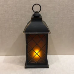 Battery Operated Lantern - Built-In Moving Flame - Black/Gold - 13in
