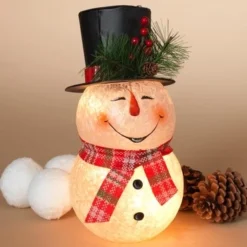 Electric Snowman Light - Frosted Glass With Metal Hat - 10in