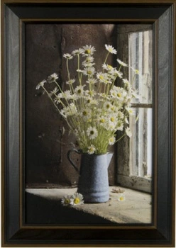 Framed Picture - "Daisies In Blue Pitcher Frame Print" - 11in X 17in - Artist Irvin Hoover