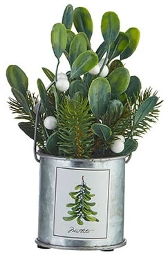 Holiday Botanicals Arrangement - White Berry Mistletoe Tin - 7.5 Inch
