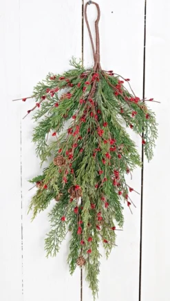 Holiday Teardrop - Evergreen Pine With Red Pip Berries - 30 Inch