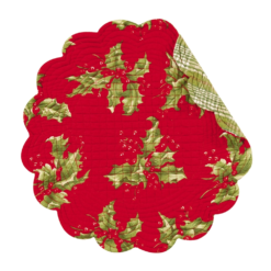 Round Quilted Placemat - Red Holly - Washable/Reversible - 17in