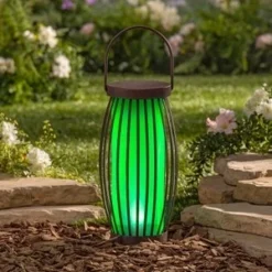 Solar Garden Light - Green Barrel Basket - 12in